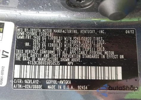 2012 Toyota Venza Limited V6 z USA, uszkodzony, nr VIN 4T3ZK3BBXCU050535